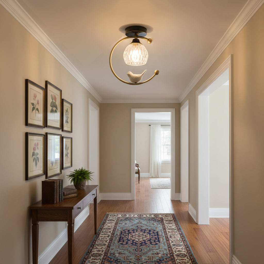 Perch | Ceramic Bird Semi Flush Mount Ceiling Light, Glass Hallway Light Fixture in Brass or Black
