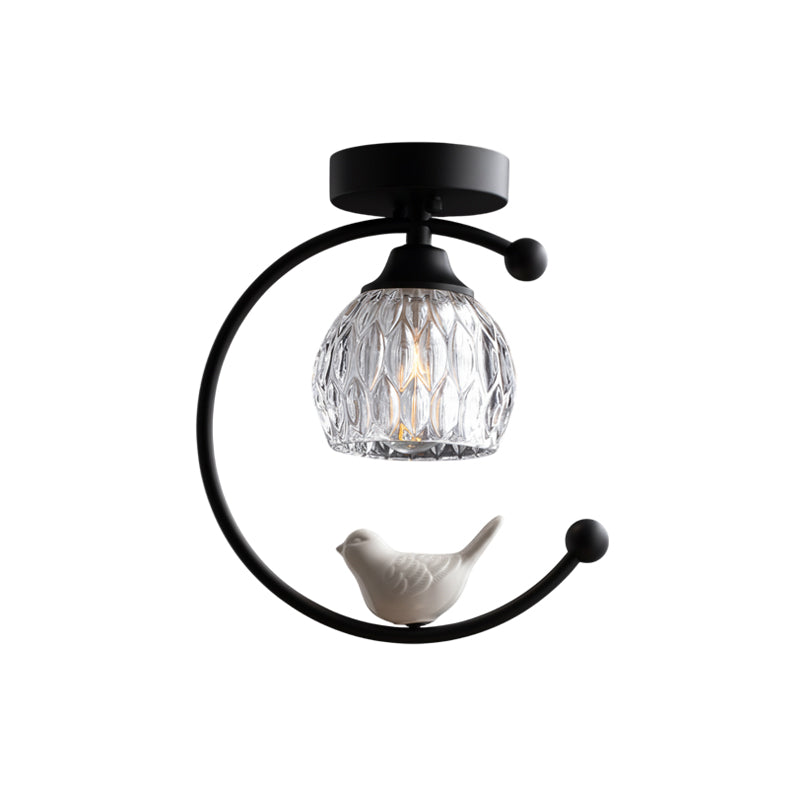 Perch | Ceramic Bird Semi Flush Mount Ceiling Light, Glass Hallway Light Fixture in Brass or Black