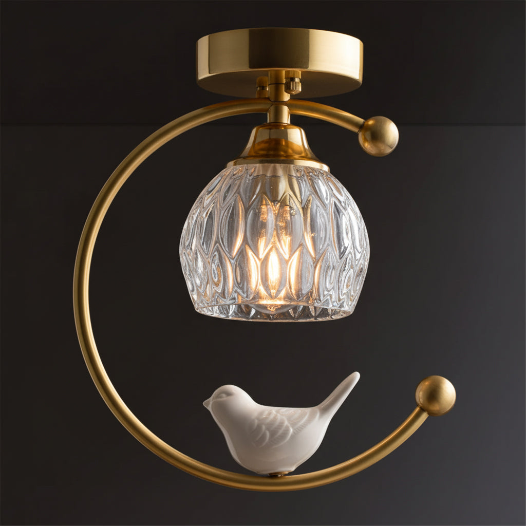 Perch | Ceramic Bird Semi Flush Mount Ceiling Light, Glass Hallway Light Fixture in Brass or Black