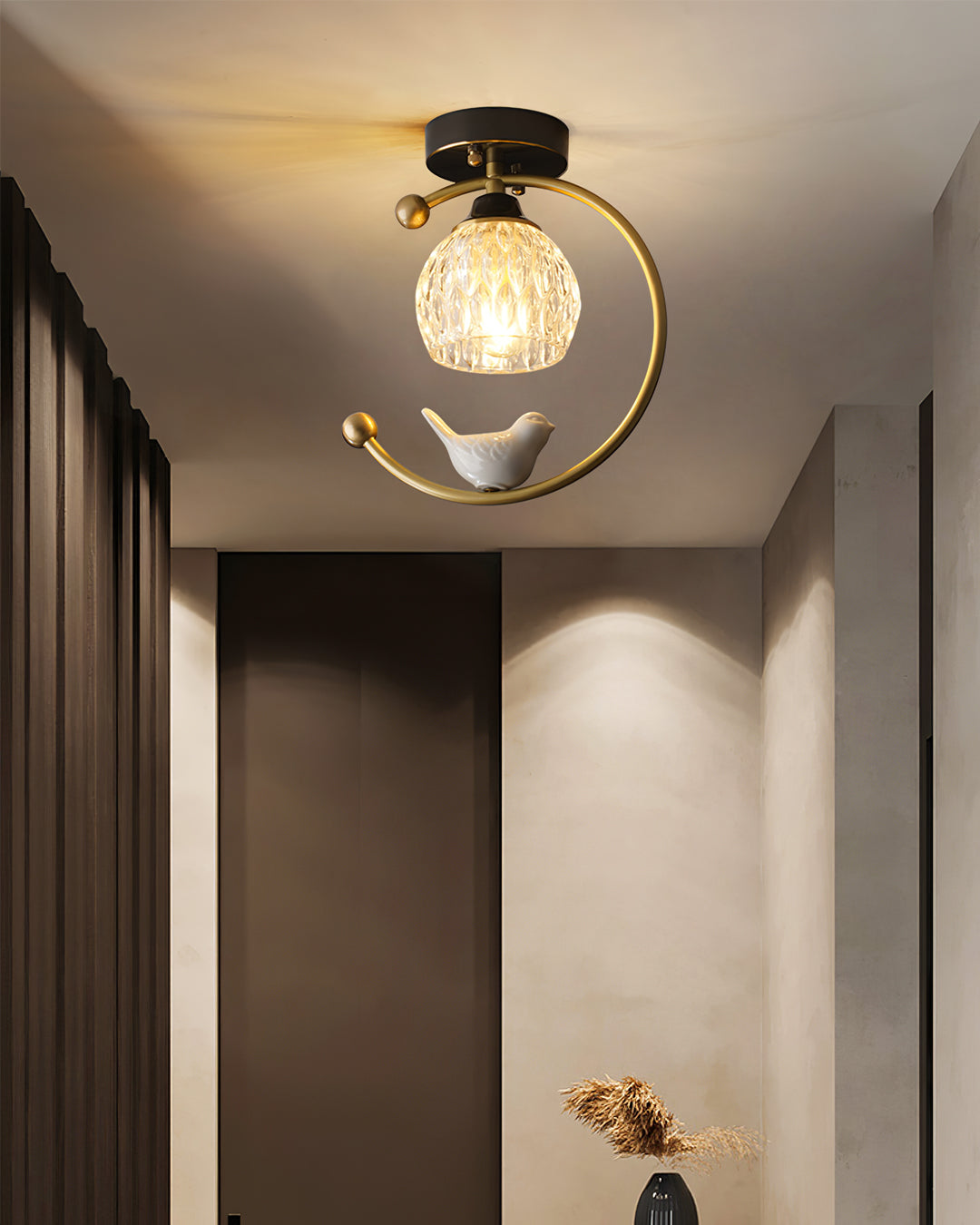 Perch | Ceramic Bird Semi Flush Mount Ceiling Light, Glass Hallway Light Fixture in Brass or Black