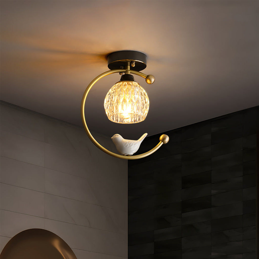 Perch | Ceramic Bird Semi Flush Mount Ceiling Light, Glass Hallway Light Fixture in Brass or Black
