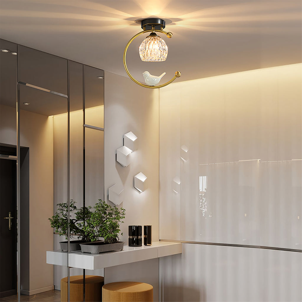 Perch | Ceramic Bird Semi Flush Mount Ceiling Light, Glass Hallway Light Fixture in Brass or Black