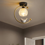 Perch | Ceramic Bird Semi Flush Mount Ceiling Light, Glass Hallway Light Fixture in Brass or Black