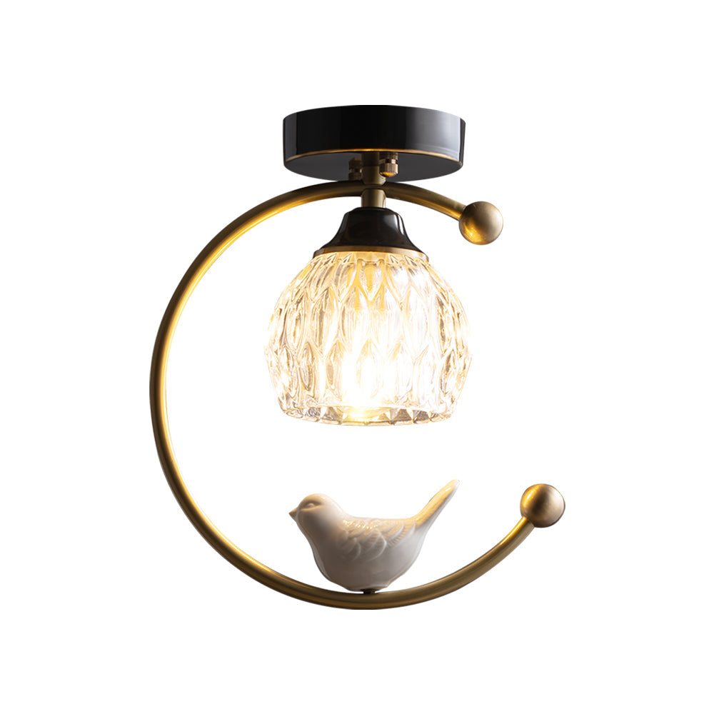 Perch | Ceramic Bird Semi Flush Mount Ceiling Light, Glass Hallway Light Fixture in Brass or Black