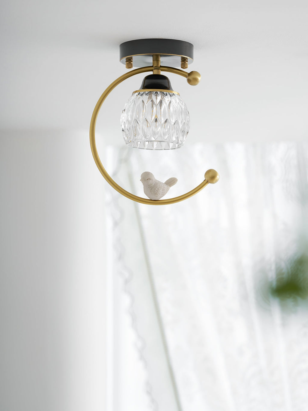 Perch | Ceramic Bird Semi Flush Mount Ceiling Light, Glass Hallway Light Fixture in Brass or Black
