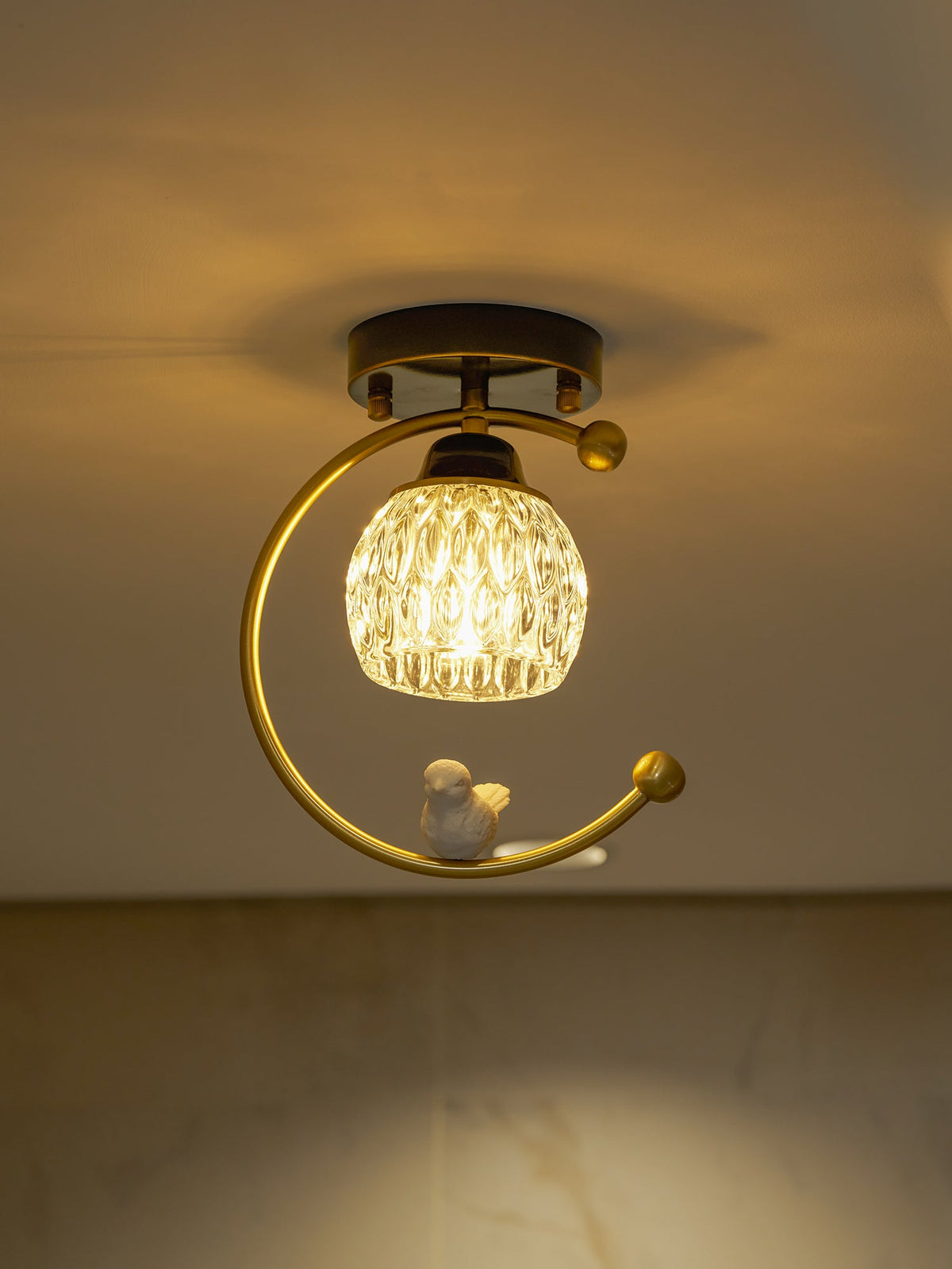 Perch | Ceramic Bird Semi Flush Mount Ceiling Light, Glass Hallway Light Fixture in Brass or Black