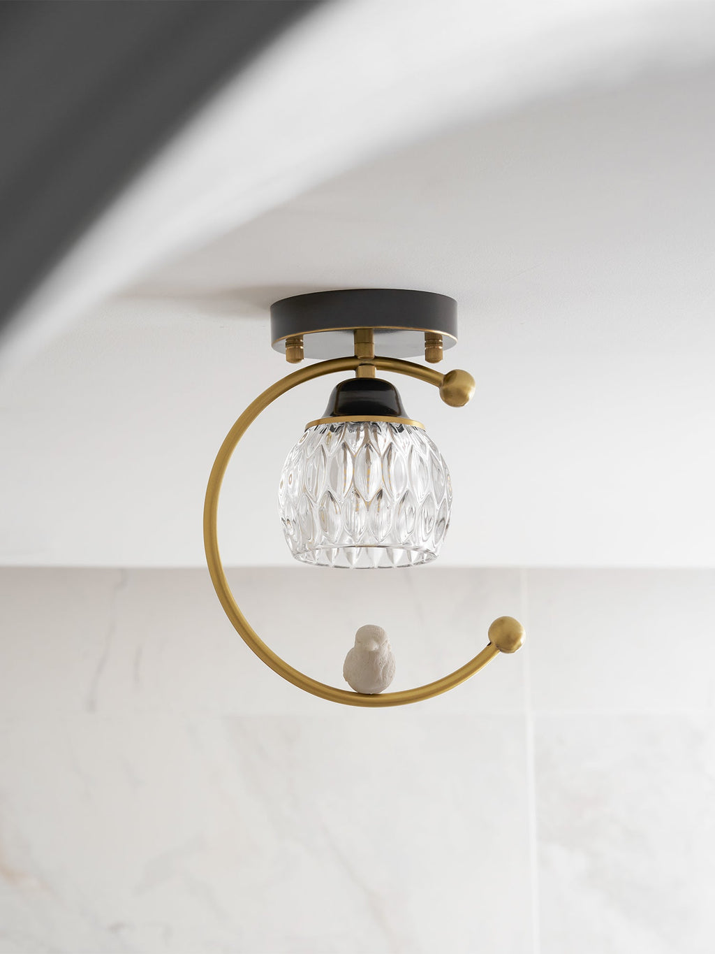 Perch | Ceramic Bird Semi Flush Mount Ceiling Light, Glass Hallway Light Fixture in Brass or Black
