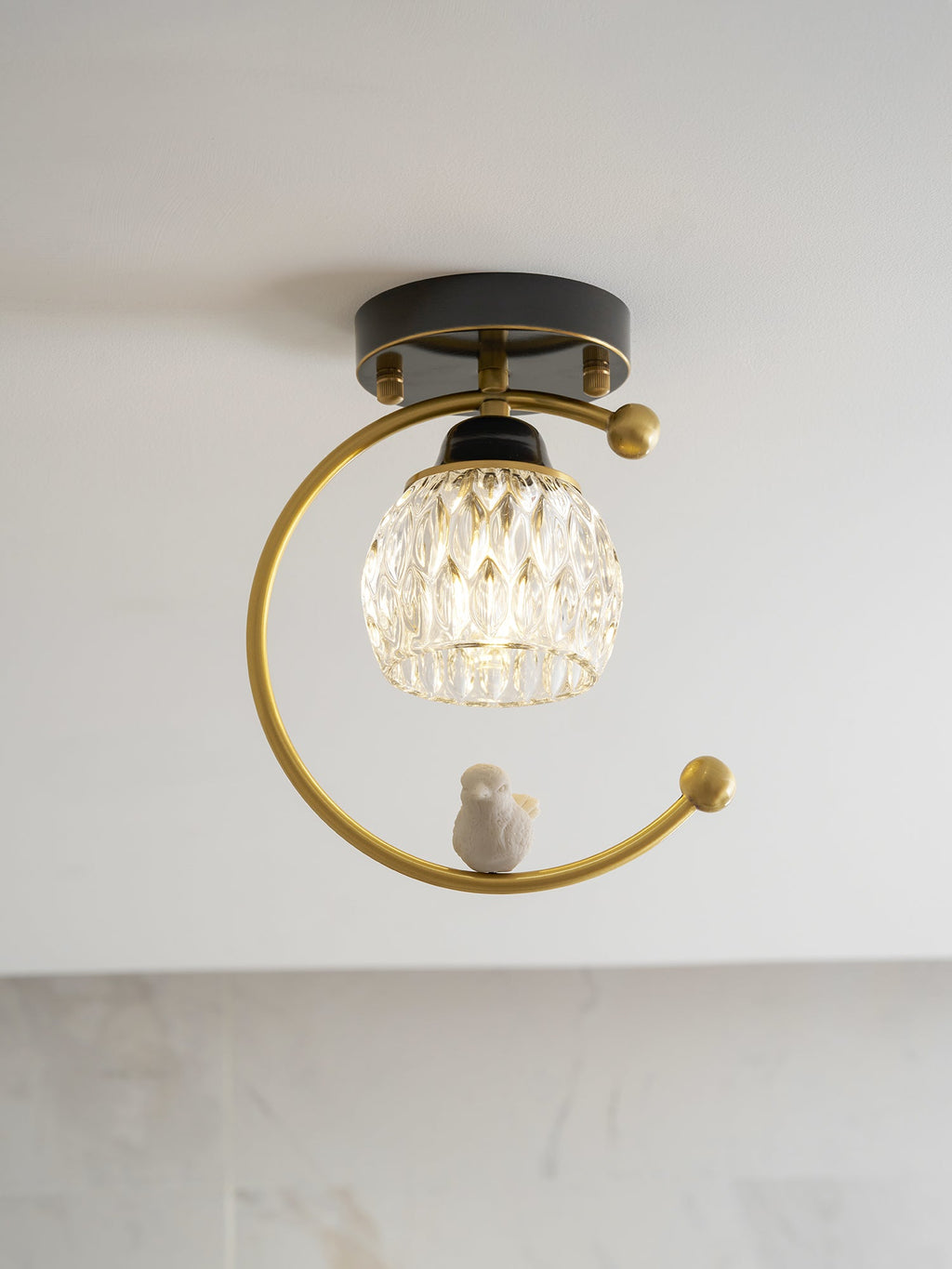 Perch | Ceramic Bird Semi Flush Mount Ceiling Light, Glass Hallway Light Fixture in Brass or Black