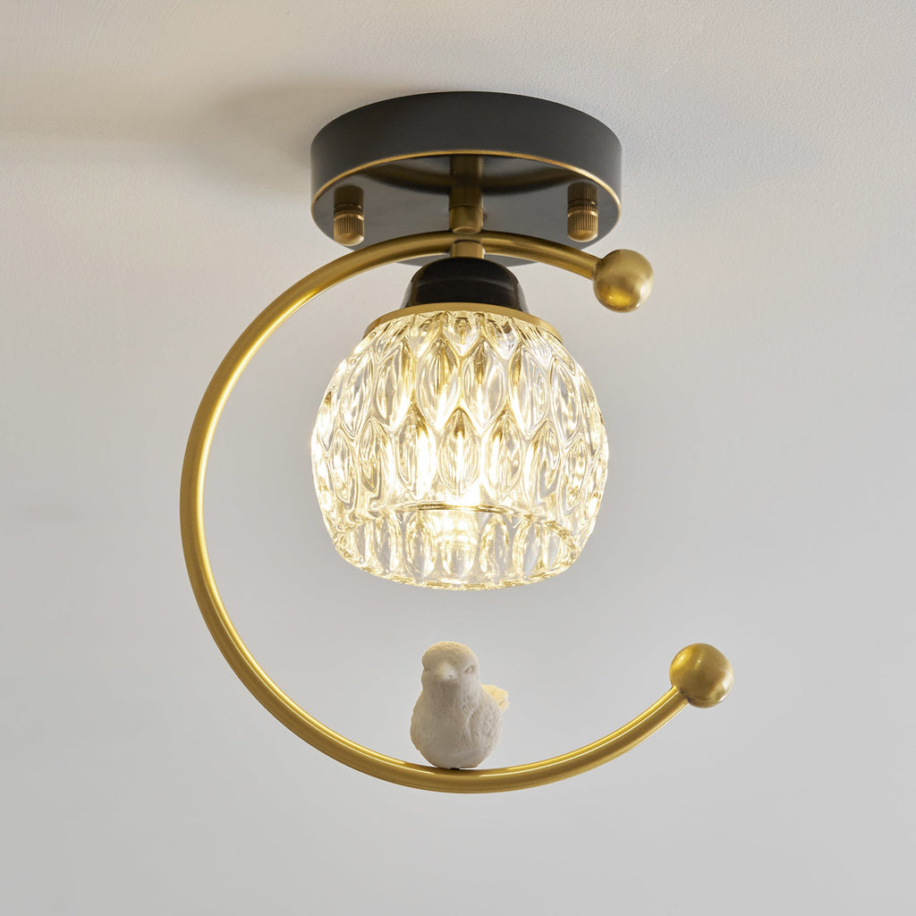 Perch | Ceramic Bird Semi Flush Mount Ceiling Light, Glass Hallway Light Fixture in Brass or Black