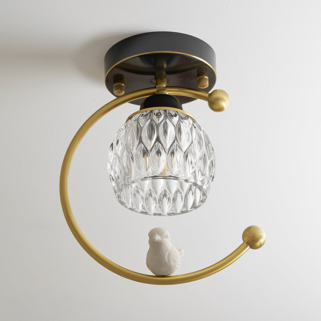 Perch | Ceramic Bird Semi Flush Mount Ceiling Light, Glass Hallway Light Fixture in Brass or Black