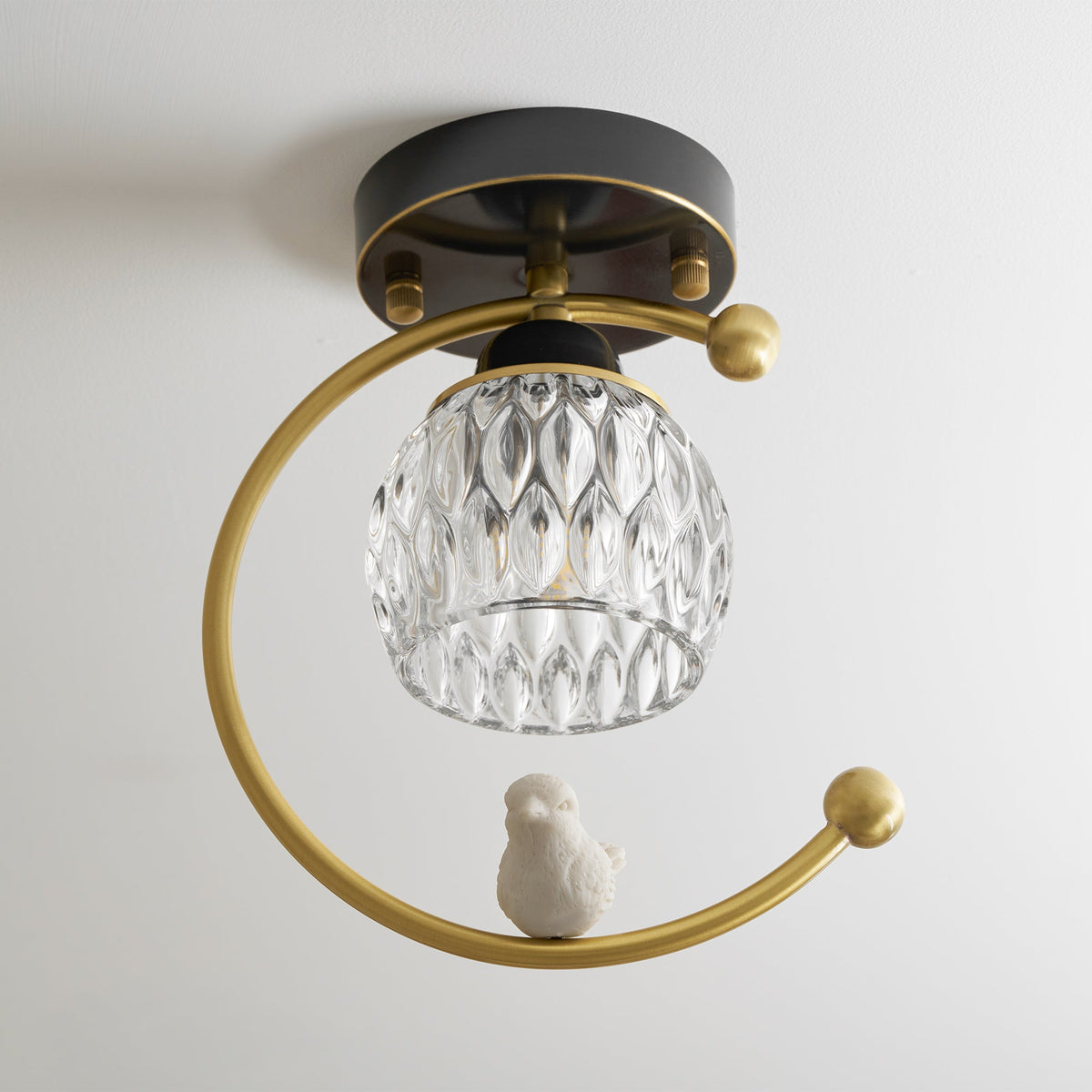 Perch | Ceramic Bird Semi Flush Mount Ceiling Light, Glass Hallway Light Fixture in Brass or Black