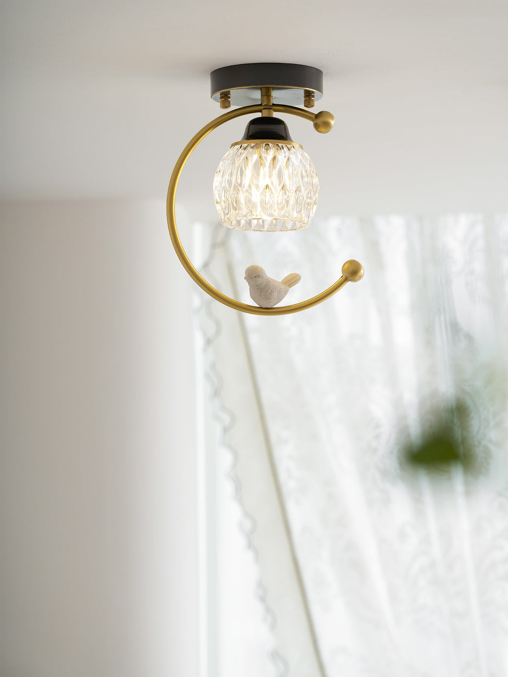 Perch | Ceramic Bird Semi Flush Mount Ceiling Light, Glass Hallway Light Fixture in Brass or Black