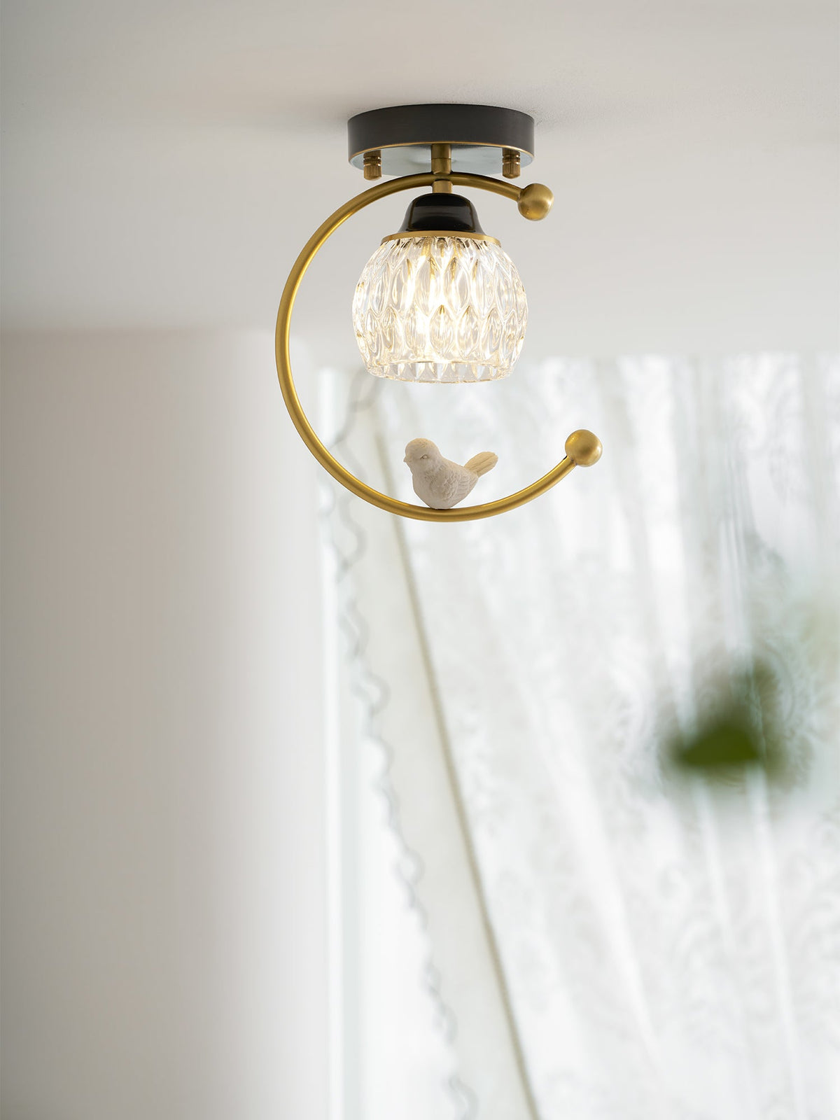 Perch | Ceramic Bird Semi Flush Mount Ceiling Light, Glass Hallway Light Fixture in Brass or Black