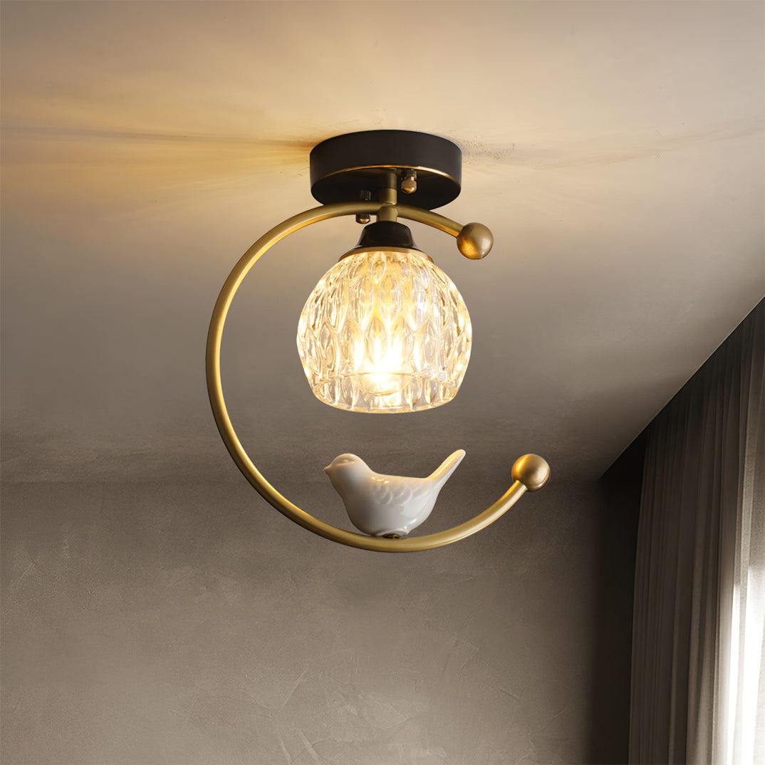Perch | Ceramic Bird Semi Flush Mount Ceiling Light, Glass Hallway Light Fixture in Brass or Black