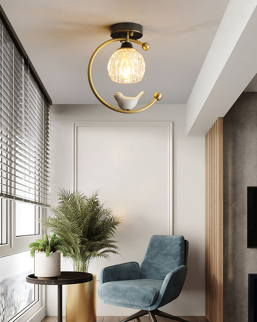 Perch | Ceramic Bird Semi Flush Mount Ceiling Light, Glass Hallway Light Fixture in Brass or Black