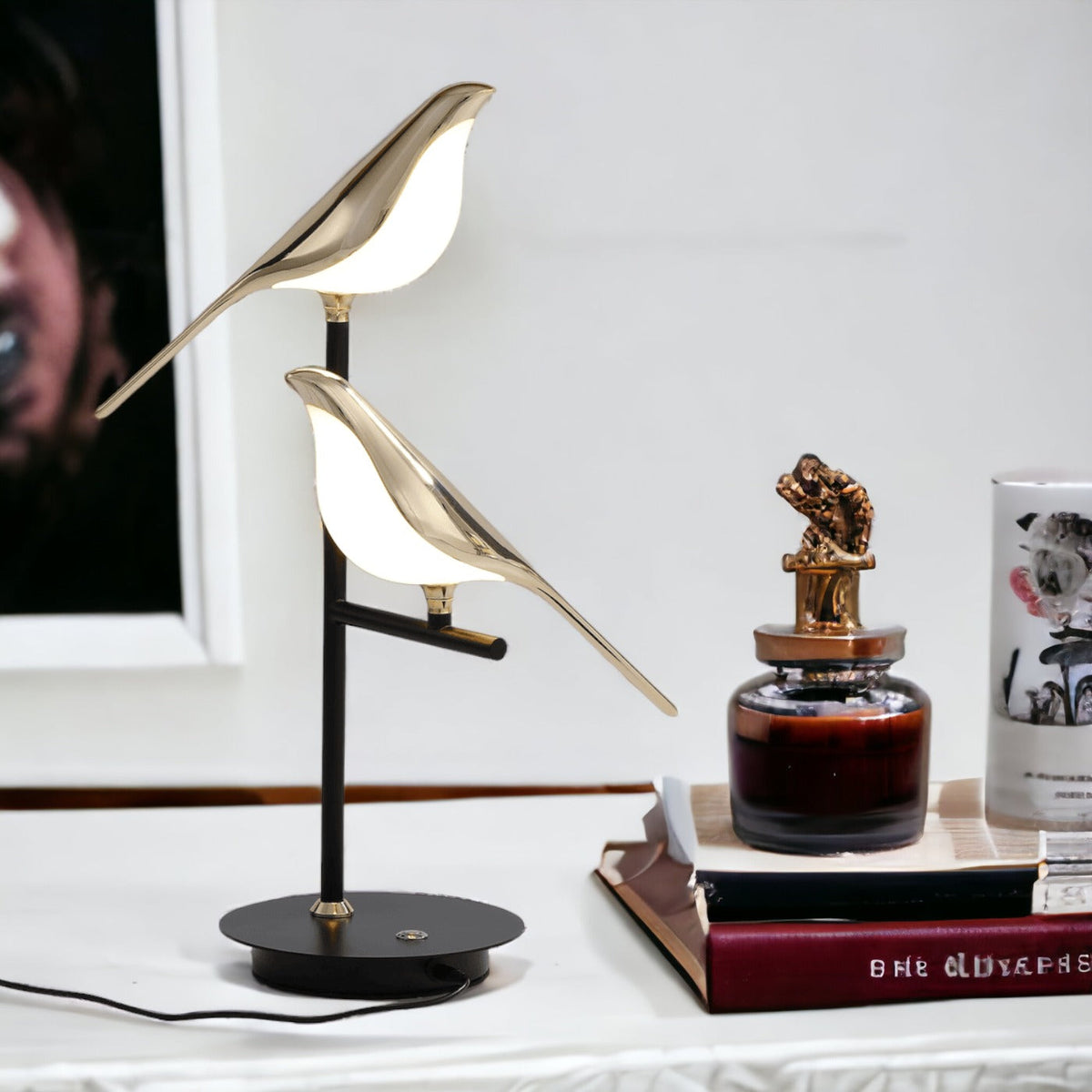 Wren | Bird Table Lamp, Gold LED Desk Lamp with Two Birds, Modern Nordic Bedside Lamp