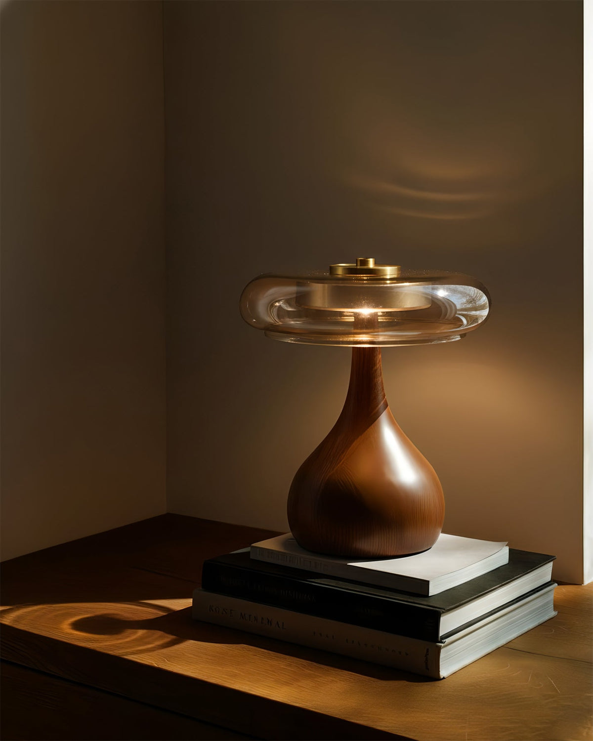 Andi | Glass Mushroom Table Lamp, Walnut Wood Bedside Lamp, 3 Color Plug In Desk Lamp