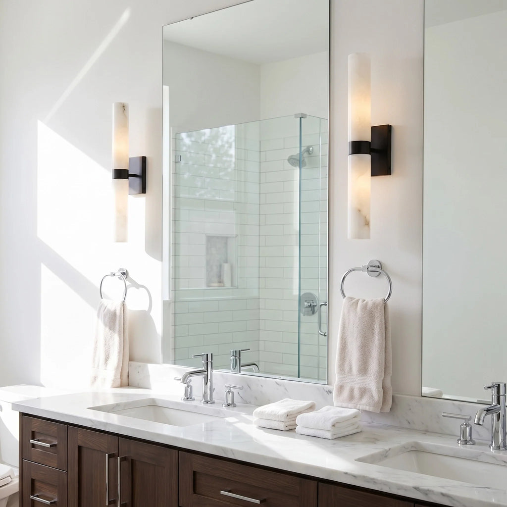 Dani | Alabaster Wall Sconce, Double Tube Bathroom Vanity Light, Modern Brass Wall Light for Bedroom