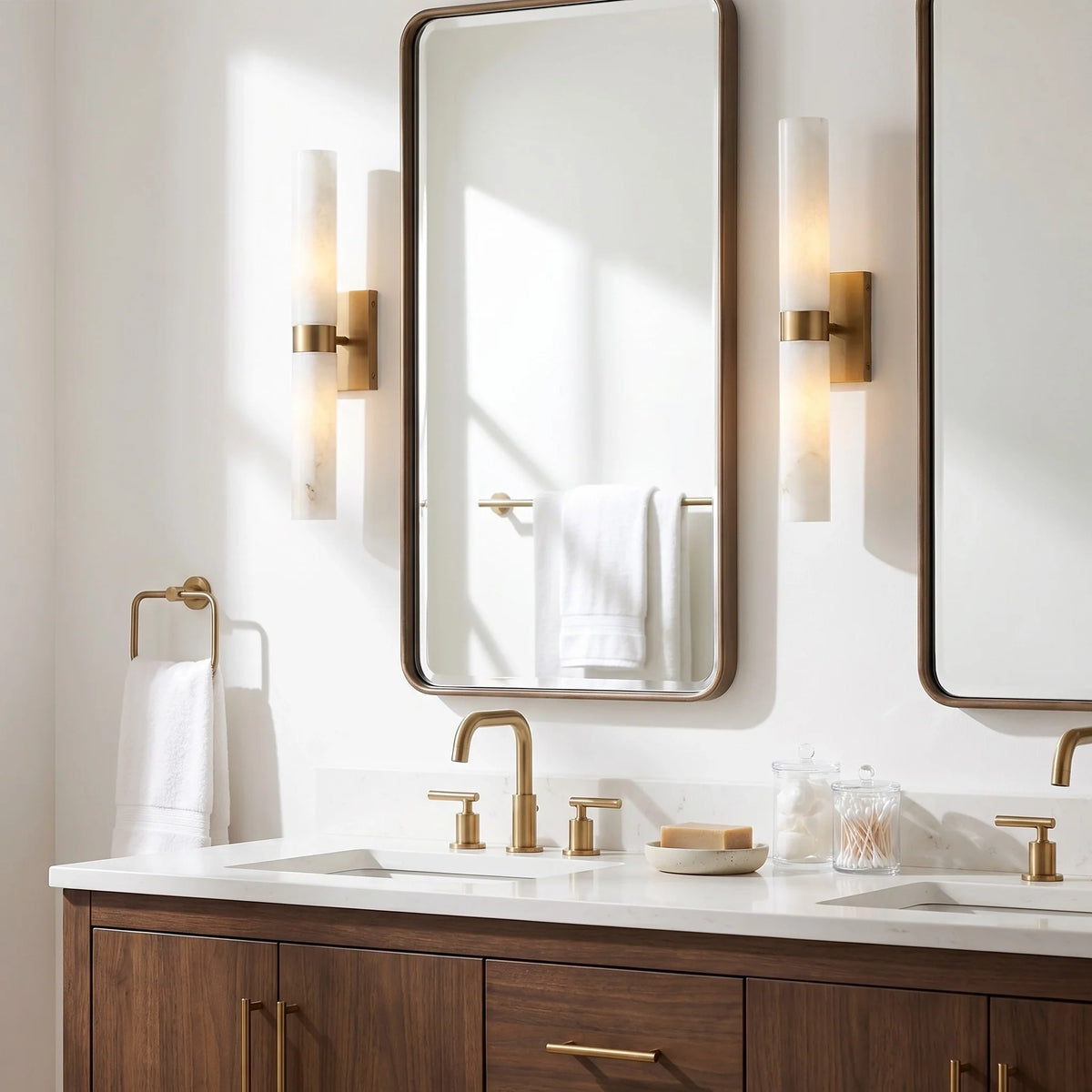 Dani | Alabaster Wall Sconce, Double Tube Bathroom Vanity Light, Modern Brass Wall Light for Bedroom