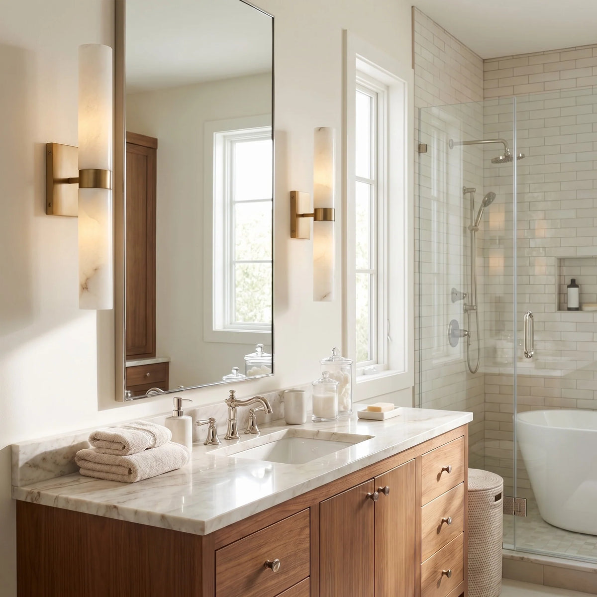 Dani | Alabaster Wall Sconce, Double Tube Bathroom Vanity Light, Modern Brass Wall Light for Bedroom