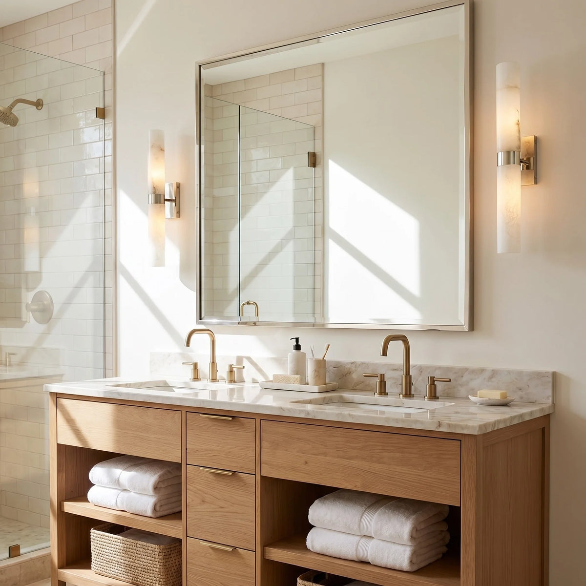 Dani | Alabaster Wall Sconce, Double Tube Bathroom Vanity Light, Modern Brass Wall Light for Bedroom
