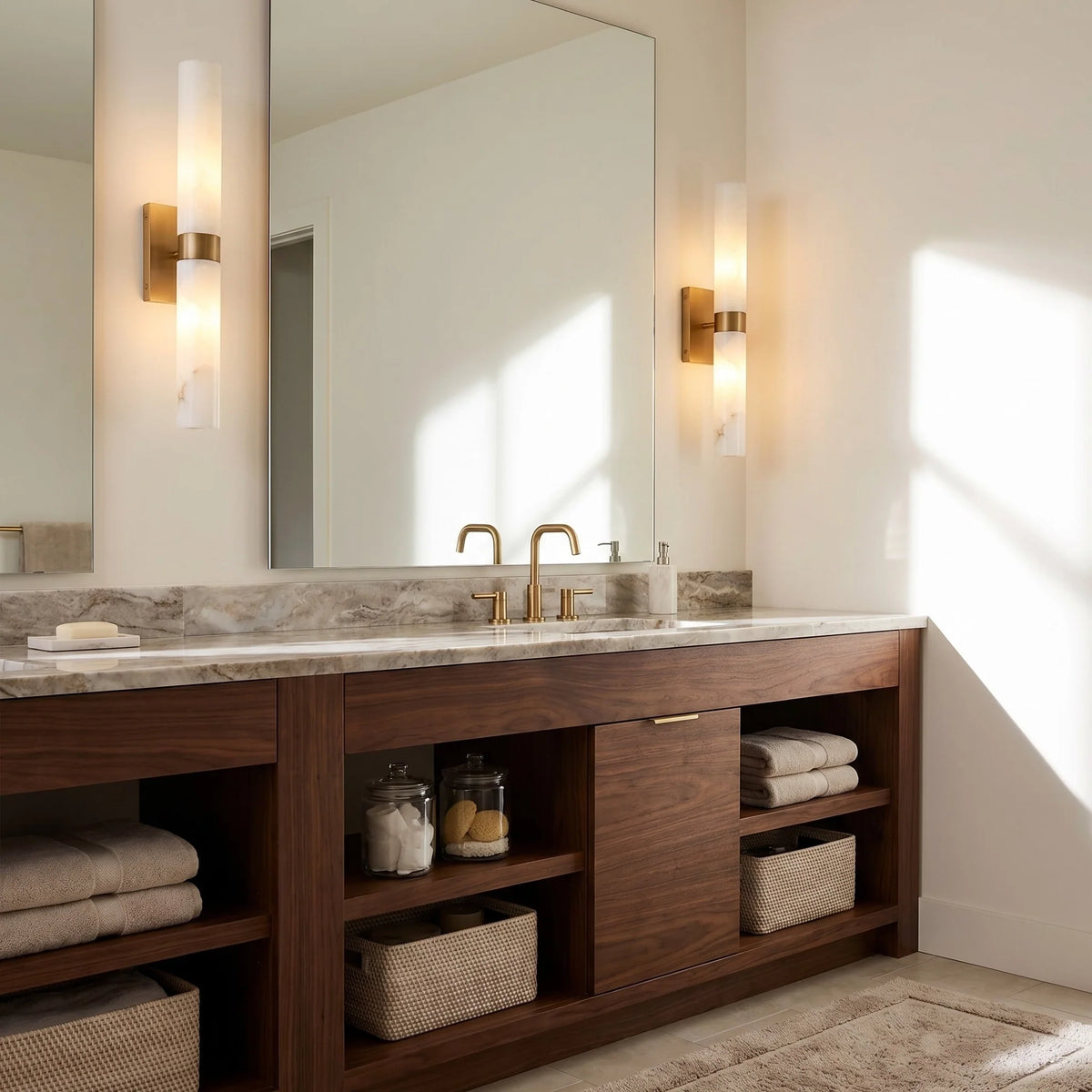 Dani | Alabaster Wall Sconce, Double Tube Bathroom Vanity Light, Modern Brass Wall Light for Bedroom