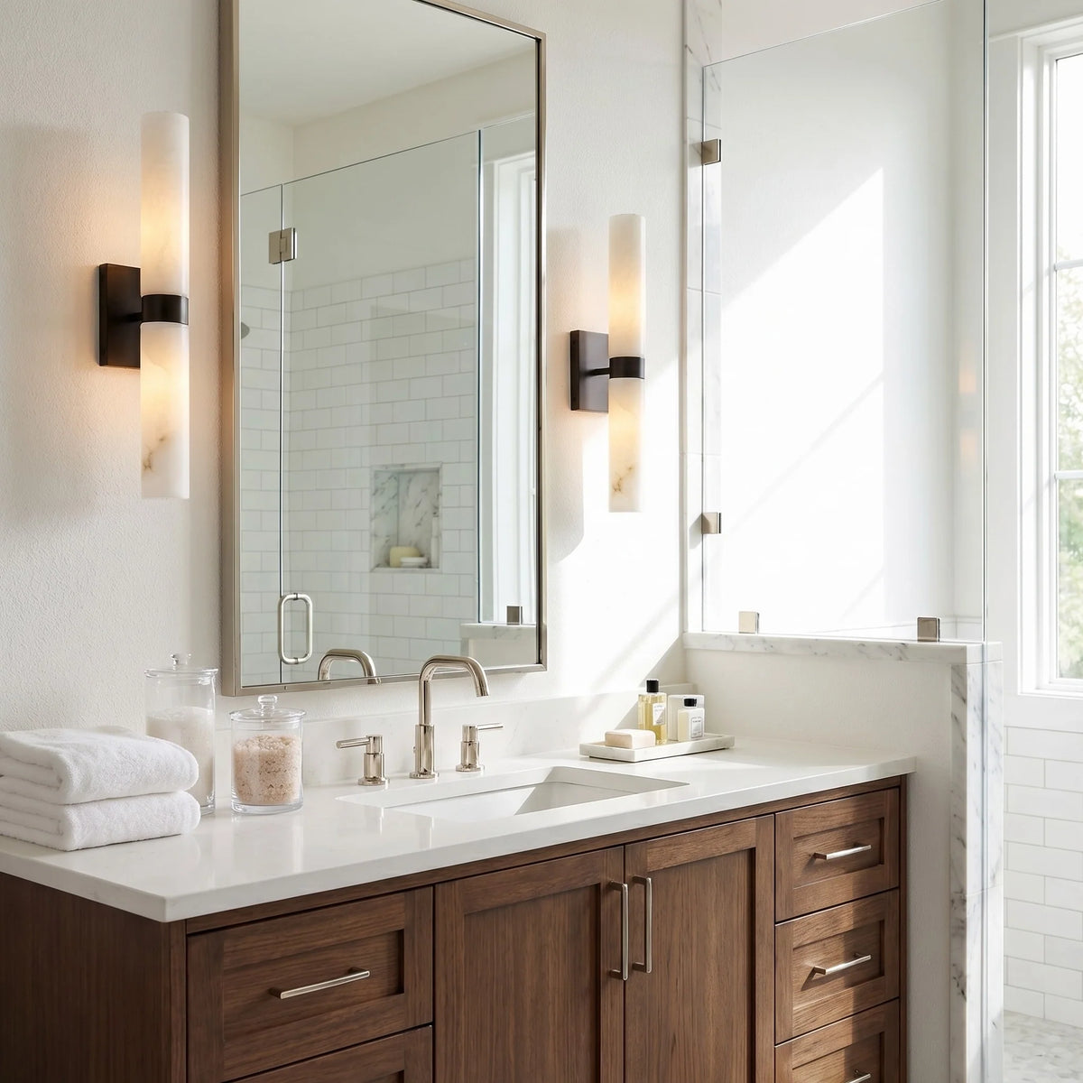 Dani | Alabaster Wall Sconce, Double Tube Bathroom Vanity Light, Modern Brass Wall Light for Bedroom