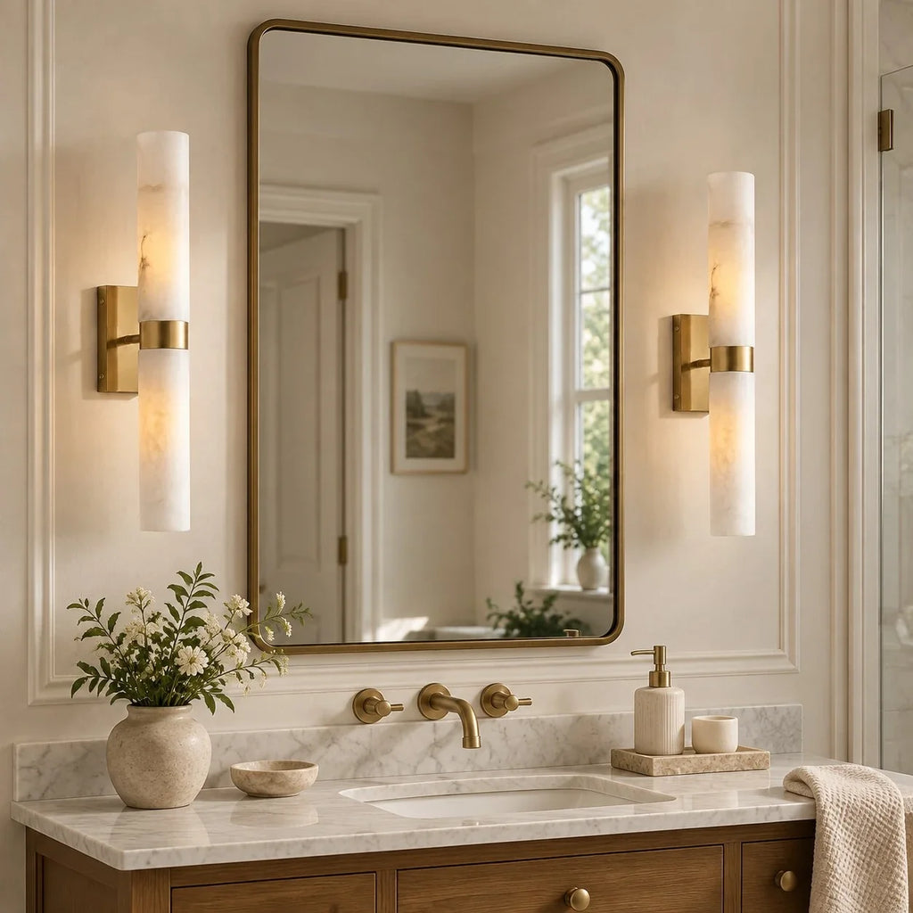 Dani | Alabaster Wall Sconce, Double Tube Bathroom Vanity Light, Modern Brass Wall Light for Bedroom