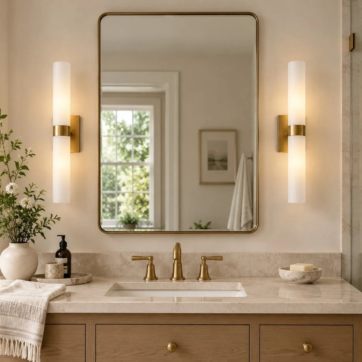 Dani | Alabaster Wall Sconce, Double Tube Bathroom Vanity Light, Modern Brass Wall Light for Bedroom