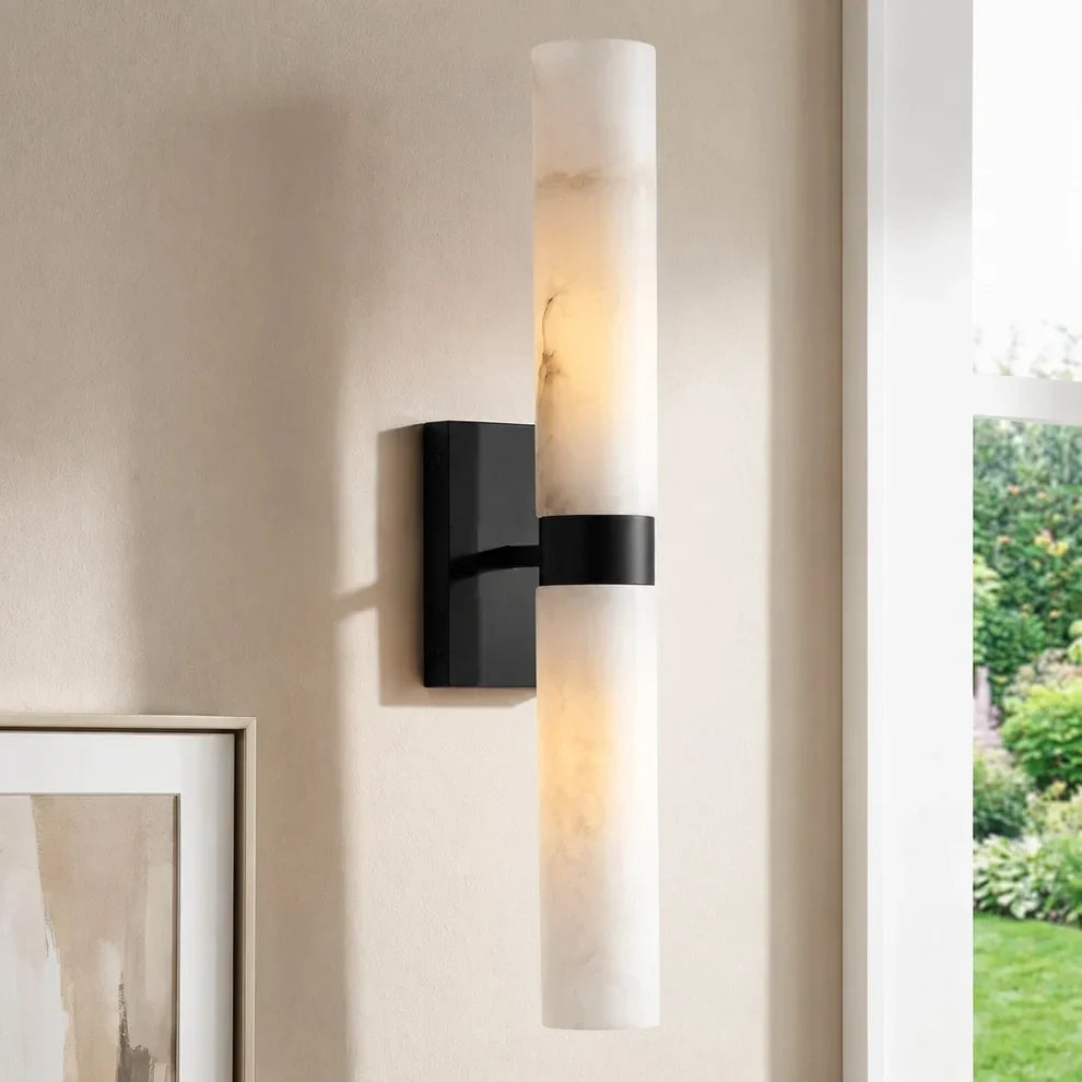 Dani | Alabaster Wall Sconce, Double Tube Bathroom Vanity Light, Modern Brass Wall Light for Bedroom