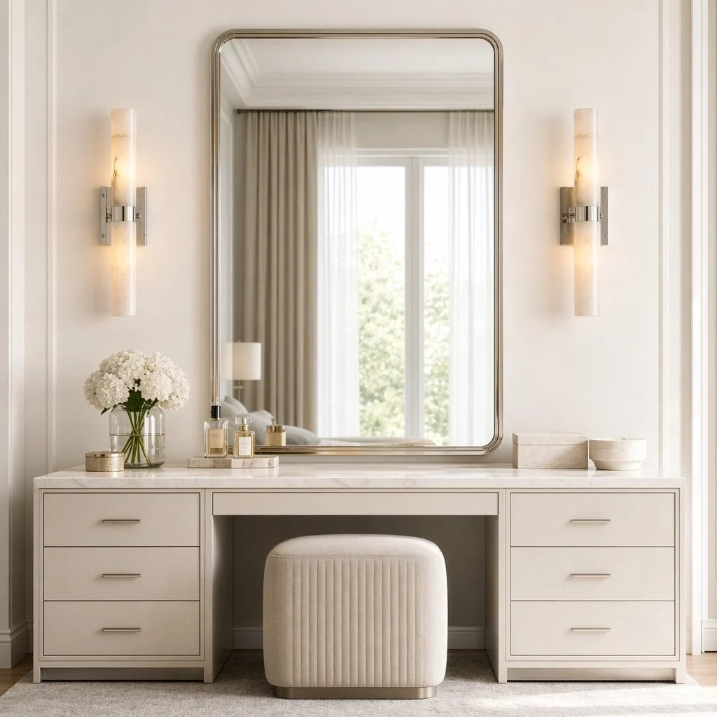 Dani | Alabaster Wall Sconce, Double Tube Bathroom Vanity Light, Modern Brass Wall Light for Bedroom