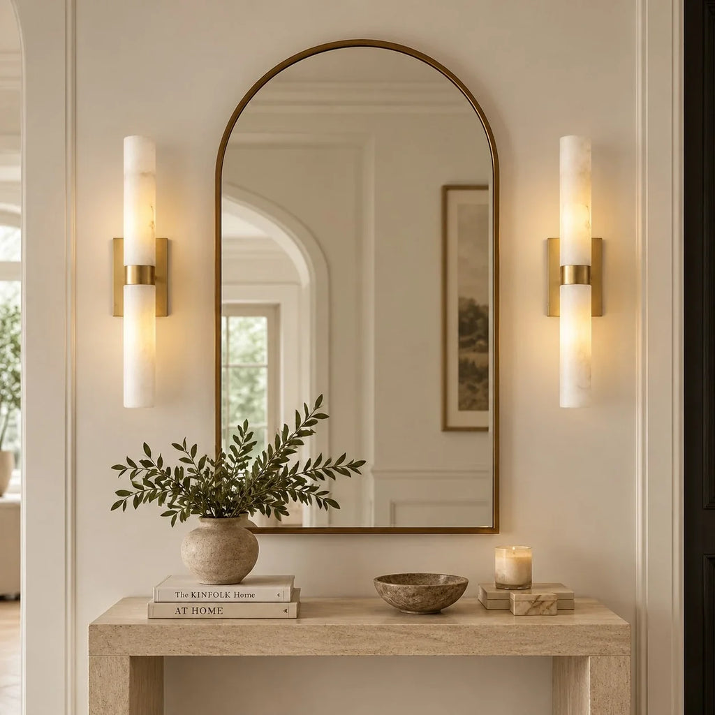 Dani | Alabaster Wall Sconce, Double Tube Bathroom Vanity Light, Modern Brass Wall Light for Bedroom