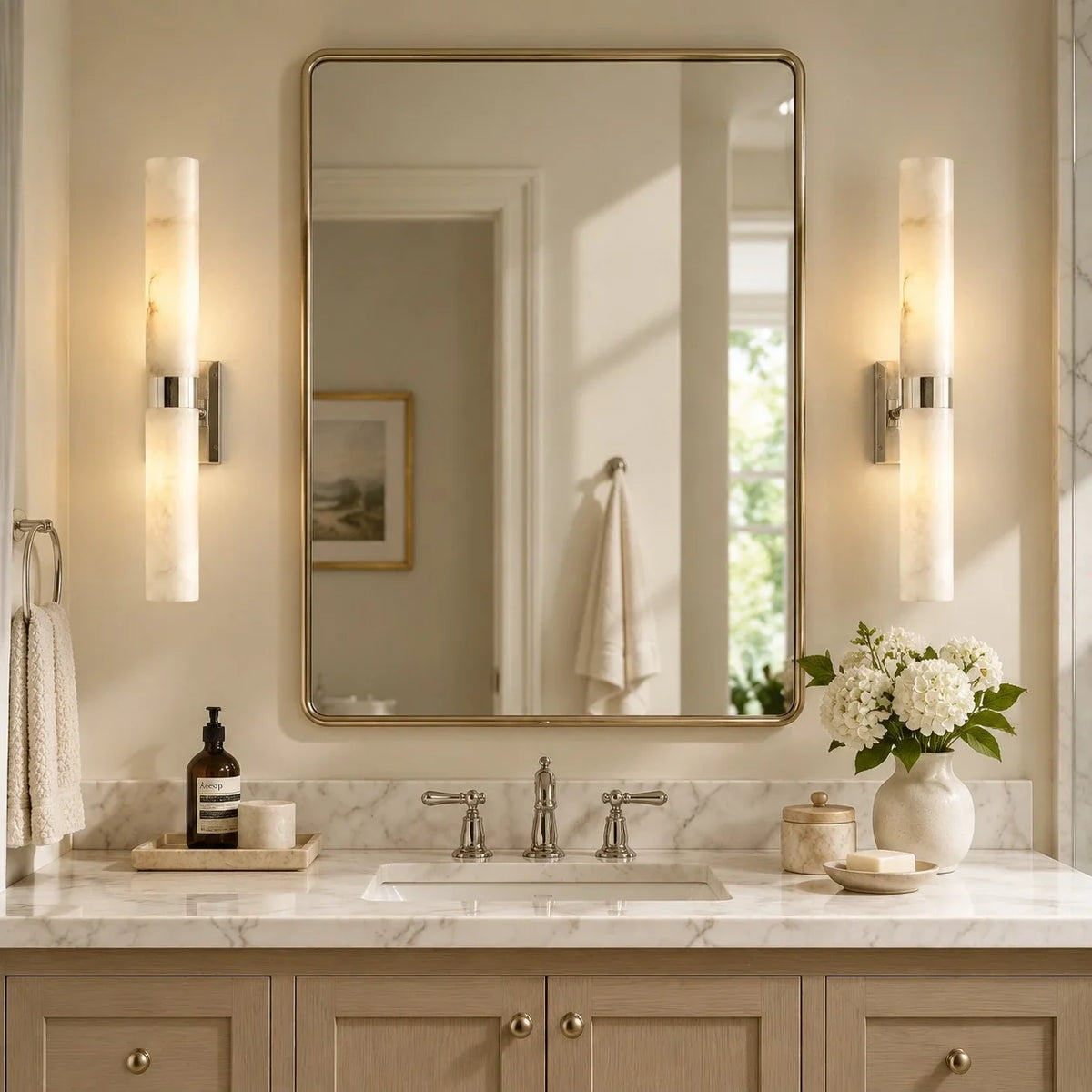 Dani | Alabaster Wall Sconce, Double Tube Bathroom Vanity Light, Modern Brass Wall Light for Bedroom