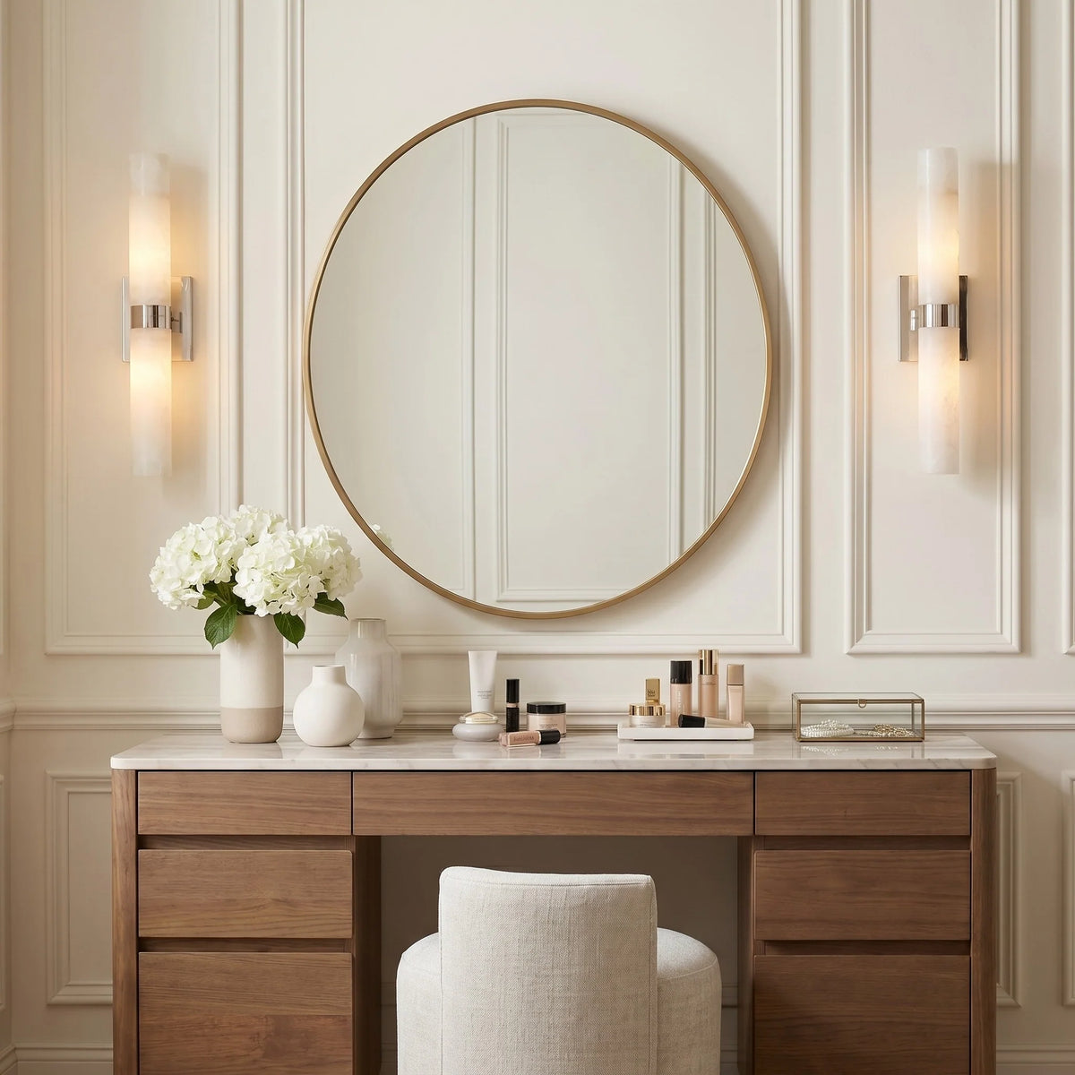 Dani | Alabaster Wall Sconce, Double Tube Bathroom Vanity Light, Modern Brass Wall Light for Bedroom