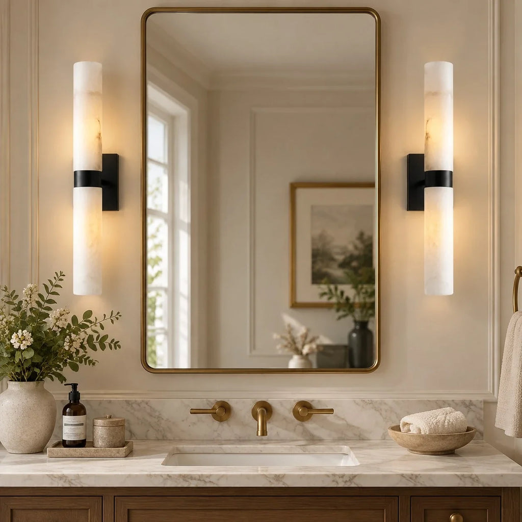Dani | Alabaster Wall Sconce, Double Tube Bathroom Vanity Light, Modern Brass Wall Light for Bedroom