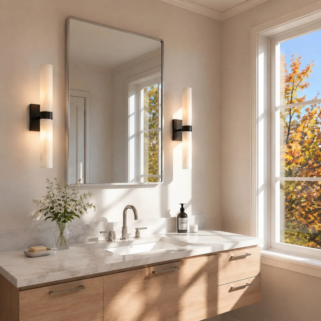 Dani | Alabaster Wall Sconce, Double Tube Bathroom Vanity Light, Modern Brass Wall Light for Bedroom