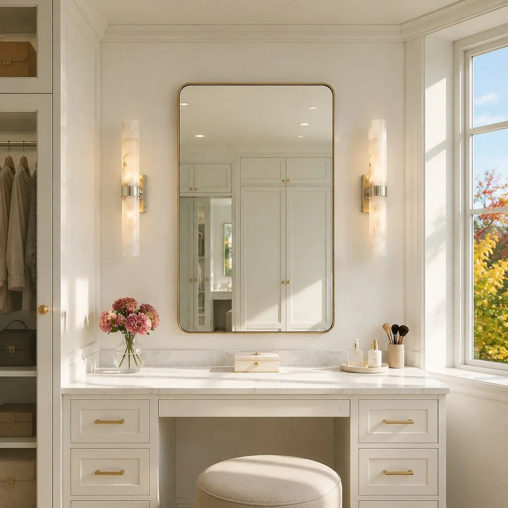 Dani | Alabaster Wall Sconce, Double Tube Bathroom Vanity Light, Modern Brass Wall Light for Bedroom