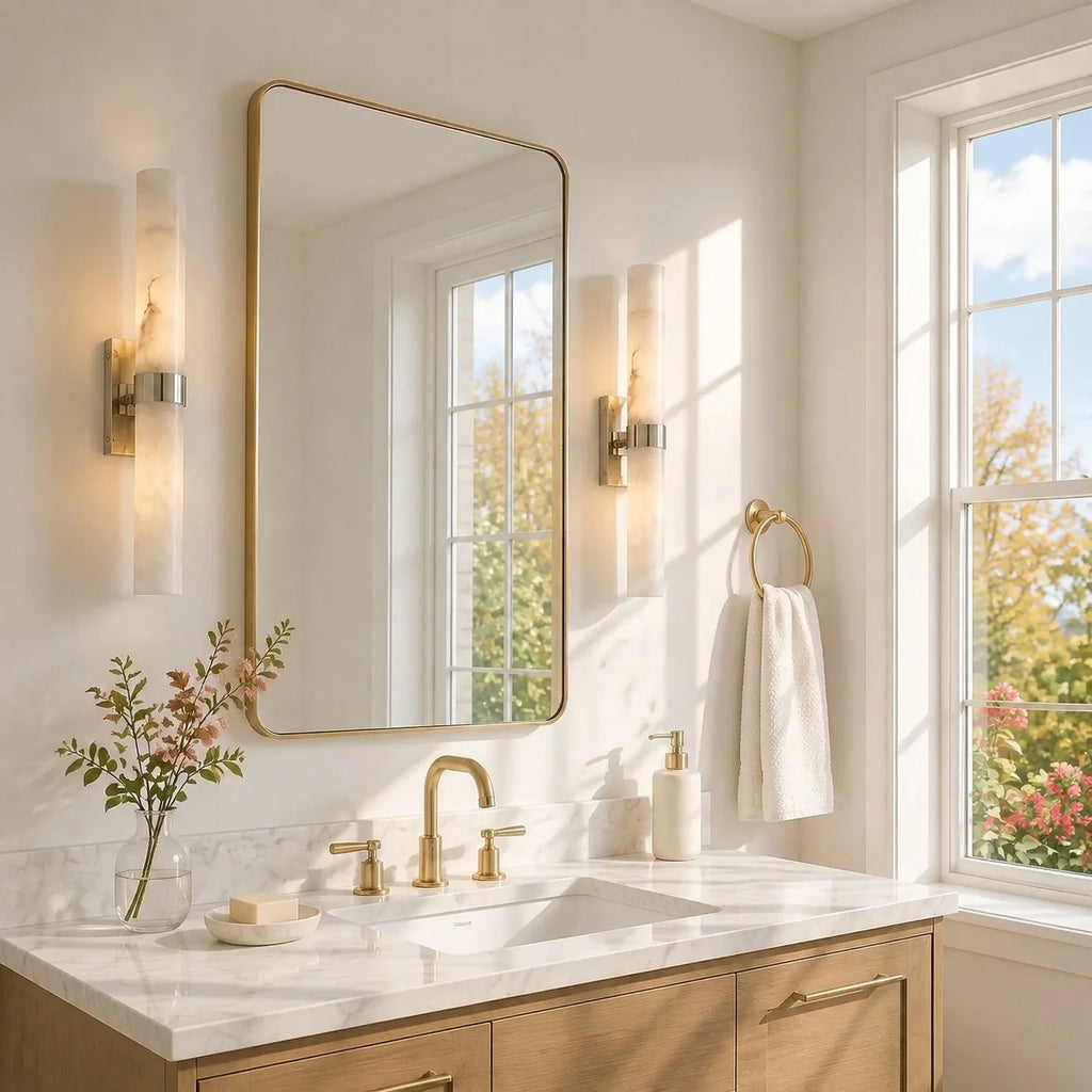 Dani | Alabaster Wall Sconce, Double Tube Bathroom Vanity Light, Modern Brass Wall Light for Bedroom