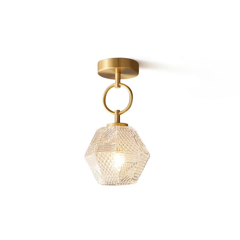 Diamond Cut | Art Deco Brass Ceiling Light, Faceted Glass Semi Flush Mount for Hallway and Bedroom