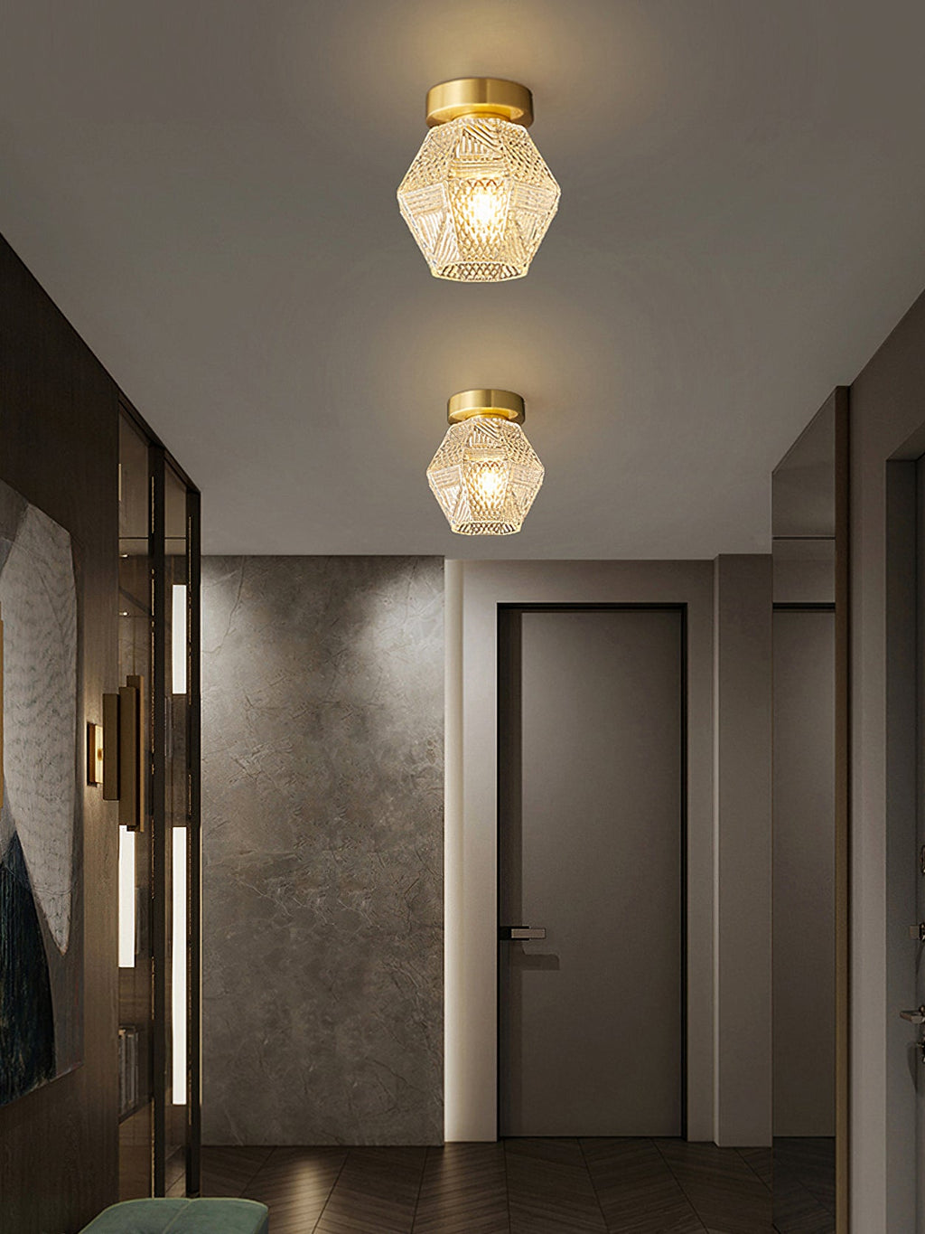 Diamond Cut | Art Deco Brass Ceiling Light, Faceted Glass Semi Flush Mount for Hallway and Bedroom