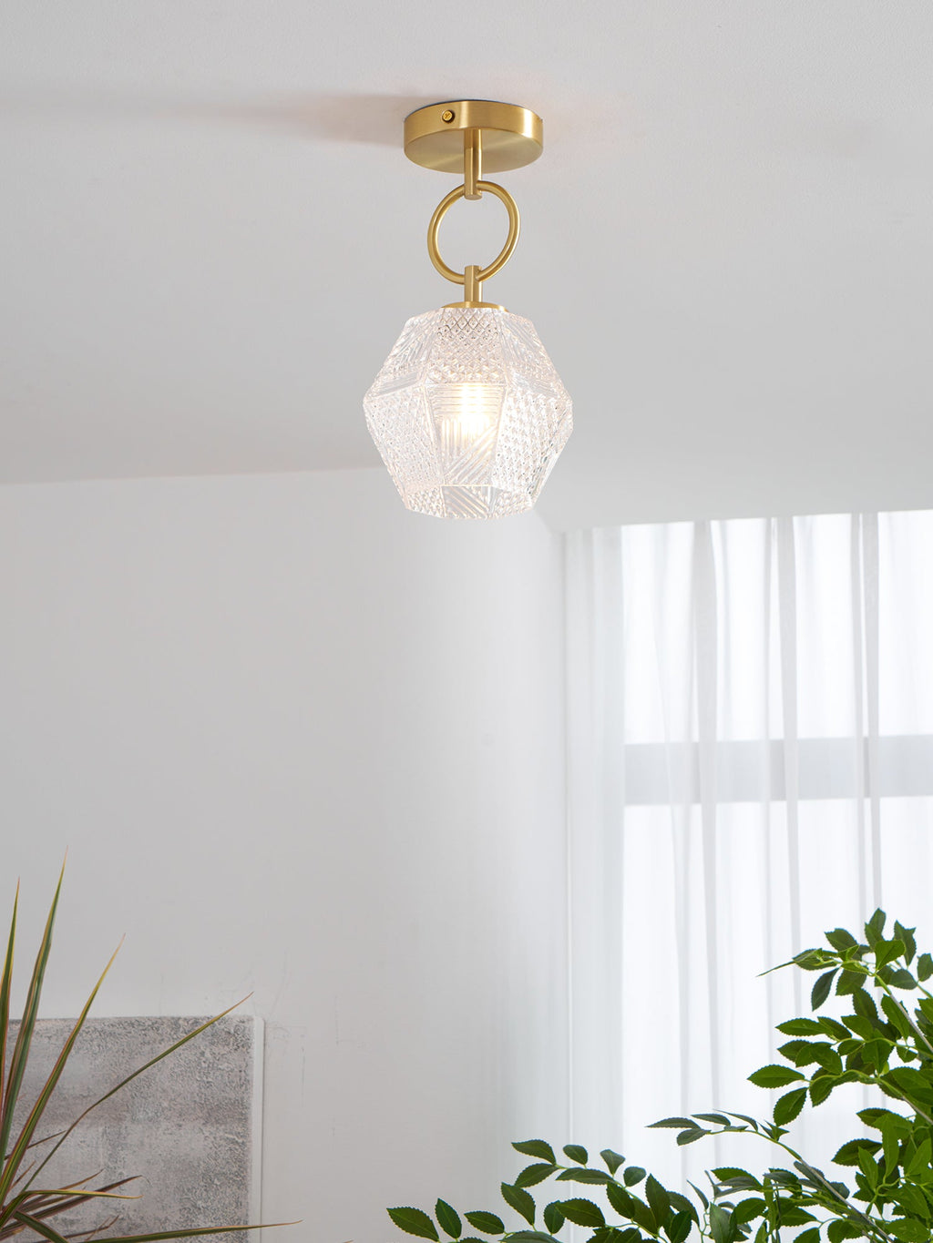 Diamond Cut | Art Deco Brass Ceiling Light, Faceted Glass Semi Flush Mount for Hallway and Bedroom