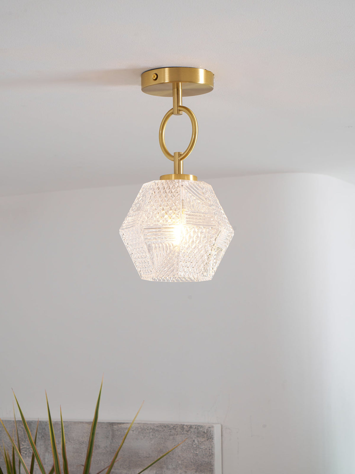 Diamond Cut | Art Deco Brass Ceiling Light, Faceted Glass Semi Flush Mount for Hallway and Bedroom