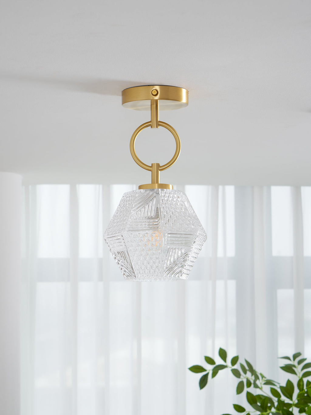 Diamond Cut | Art Deco Brass Ceiling Light, Faceted Glass Semi Flush Mount for Hallway and Bedroom