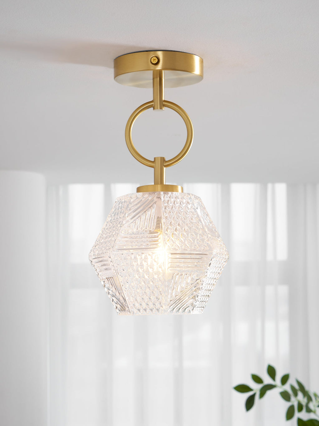 Diamond Cut | Art Deco Brass Ceiling Light, Faceted Glass Semi Flush Mount for Hallway and Bedroom