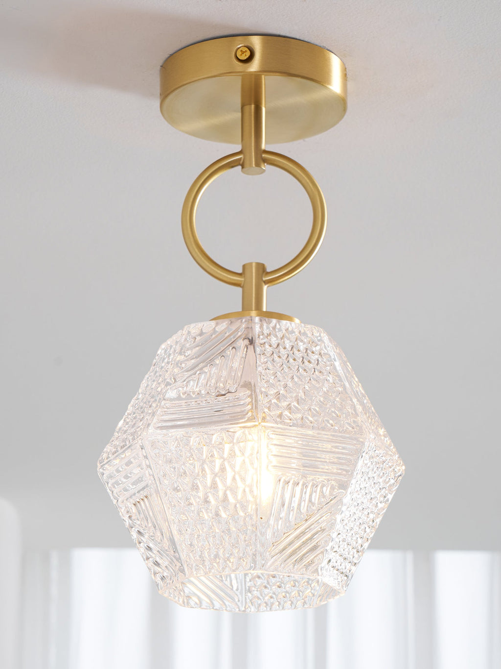 Diamond Cut | Art Deco Brass Ceiling Light, Faceted Glass Semi Flush Mount for Hallway and Bedroom