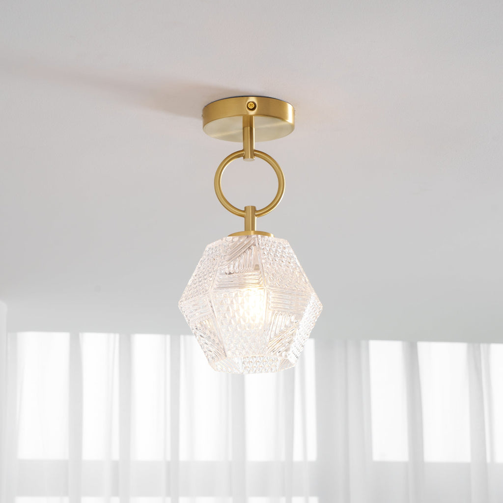 Diamond Cut | Art Deco Brass Ceiling Light, Faceted Glass Semi Flush Mount for Hallway and Bedroom