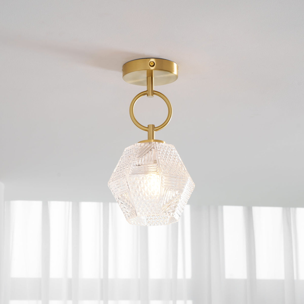 Diamond Cut | Art Deco Brass Ceiling Light, Faceted Glass Semi Flush Mount for Hallway and Bedroom