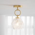 Diamond Cut | Art Deco Brass Ceiling Light, Faceted Glass Semi Flush Mount for Hallway and Bedroom