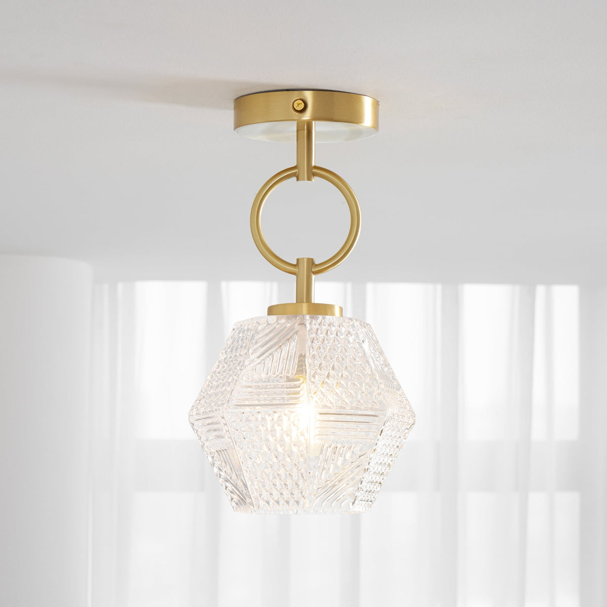 Diamond Cut | Art Deco Brass Ceiling Light, Faceted Glass Semi Flush Mount for Hallway and Bedroom