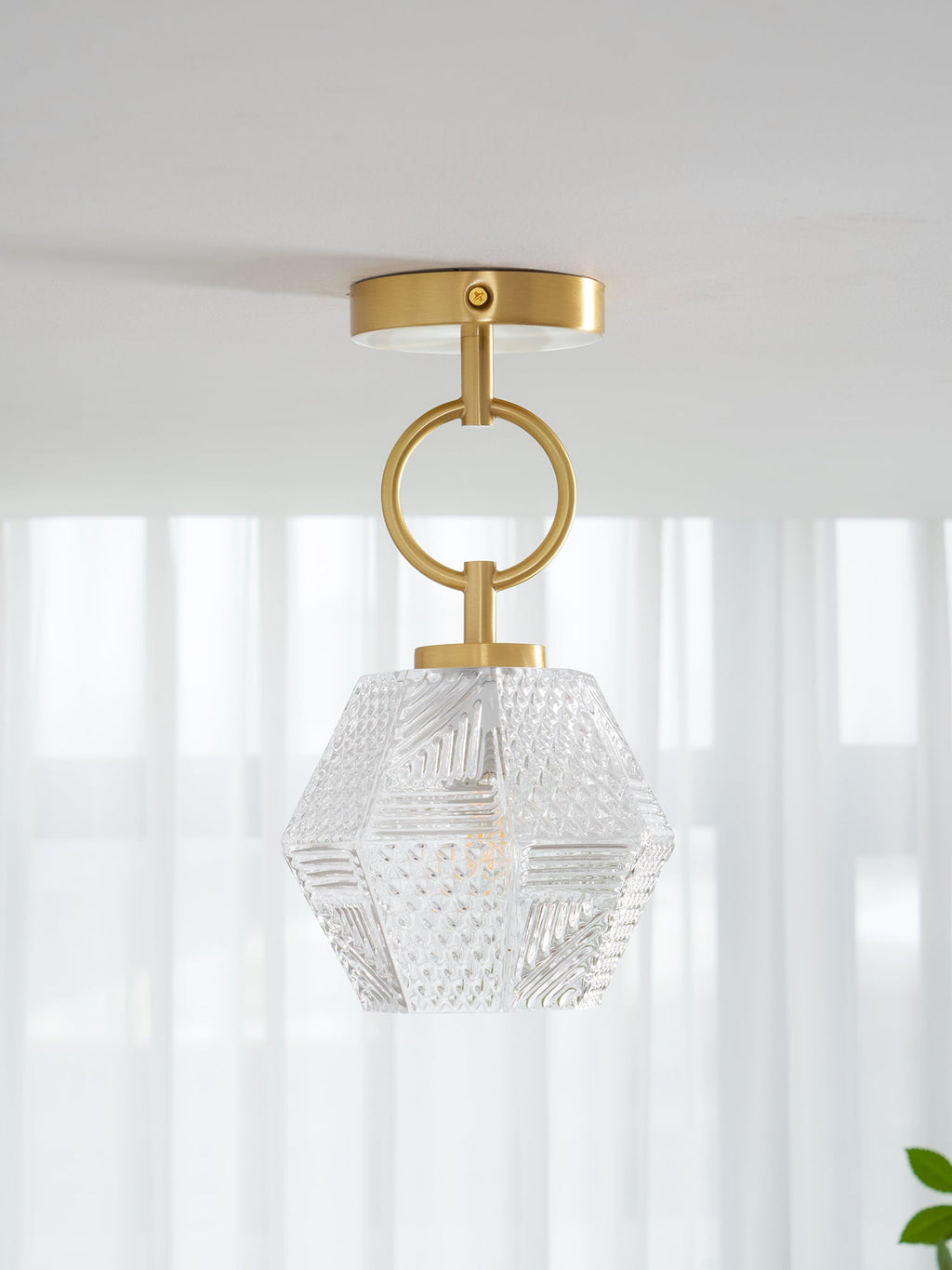 Diamond Cut | Art Deco Brass Ceiling Light, Faceted Glass Semi Flush Mount for Hallway and Bedroom